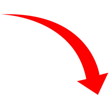 Red curved arrow pointing downwards, drop or decline concept vector illustration isolated on white background