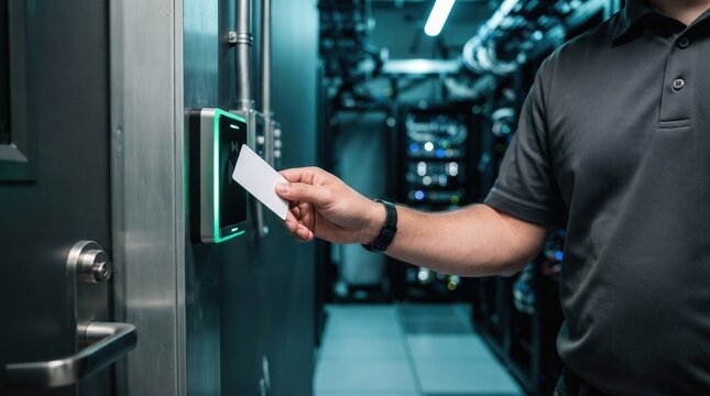 Technician hand swiping white RFID access card on a smart door reader in a data center with secure identity verification for industrial server room protection and cybersecurity marketing.