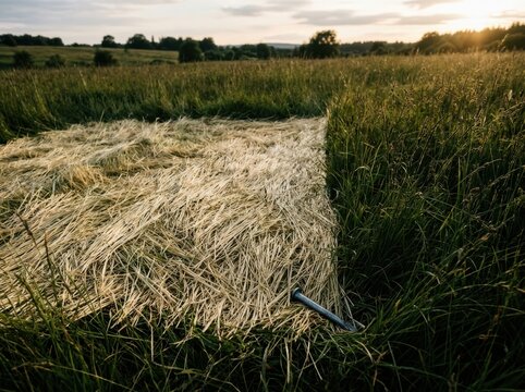 Evening hay swath in meadow at sunset for rural summer harvest
