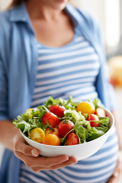 Pregnant woman in a striped dress holding a bowl of fresh vegetable salad with cherry tomatoes and arugula.