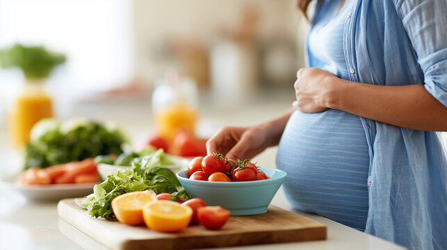 Pregnant woman preparing a fresh vegetable salad with tomatoes and oranges in a bright kitchen.