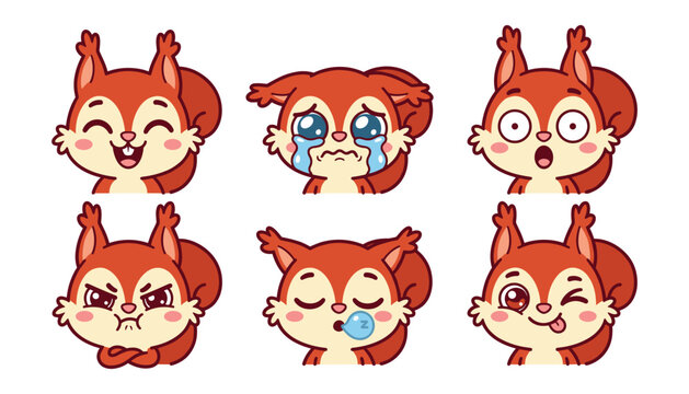 Cute Squirrel Expression Emoji Sticker Bundle Featuring Cartoon Chipmunk Avatar Faces with Happy, Sad Crying, Shocked, Angry, and Sleeping Emotions for Social Media Messaging Designs