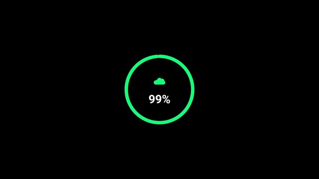 Cloud upload complete progress circle animation with green ring and one hundred percent status concept