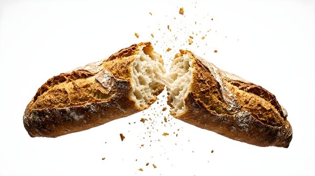 Fresh crusty French baguette bread broken in half with flying crumbs isolated on a white background