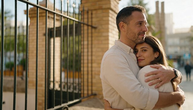 A man in his thirties wearing a casual shirt hugs his partner from the side while standing still with relaxed posture in a quiet urban environment softly blurred behind them in warm evening light