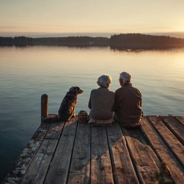 Senior Couple With German Shepherd Dog Sitting On Lake Pier