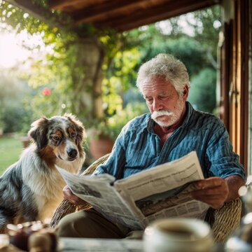 Senior Man Reading Newspaper With Australian Shepherd Dog On Patio