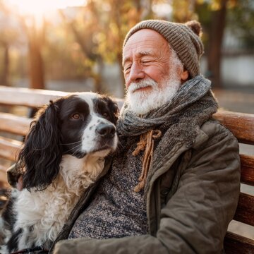 Senior Man Hugging English Springer Spaniel Dog On Park Bench