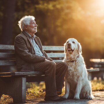 Senior Man Sitting On Park Bench Next To Golden Retriever Dog