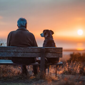 Senior Man Sitting On Wooden Bench With Golden Retriever Dog At Sunset
