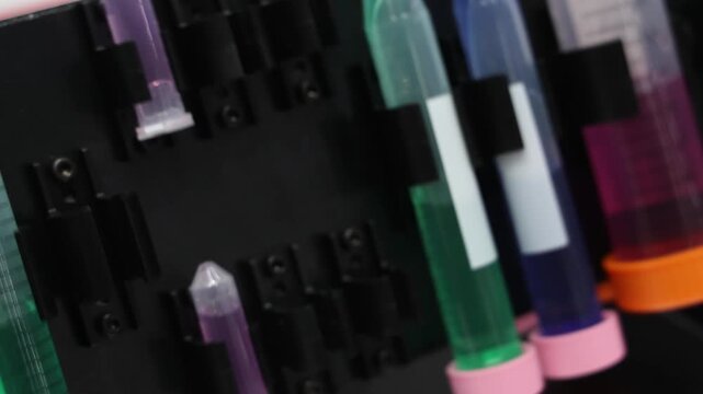 Lab shaker. Scientific orbital shaker mixing liquid solutions in Erlenmeyer flasks or test tubes. Medical chemical or biotechnology research pharmaceutical laboratory experiments and scientific tech.