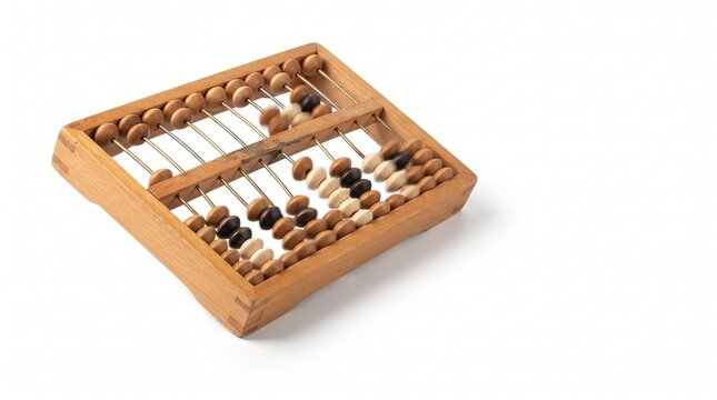Vintage wooden abacus with beads on metal rods on a white background