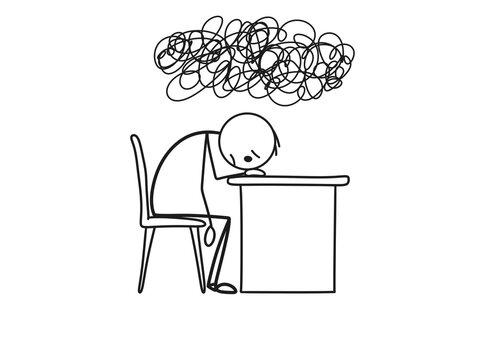 Depressed stick figure sitting at desk with messy cloud overhead isolated on transparent background. Black line art doodle. Depression, mental burnout, overthinking, anxiety, and work stress