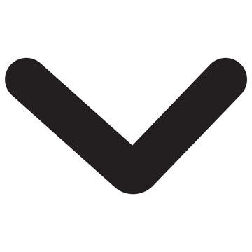 Black minimalist chevron down icon, downward pointing arrow and dropdown menu symbol isolated on white background
