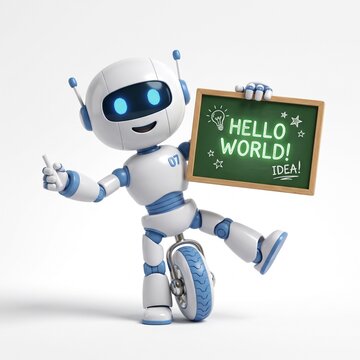 Friendly robot holding hello world sign waving cheerfully in modern design style