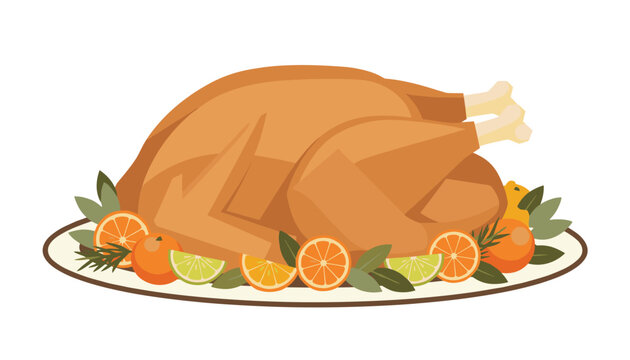 Roasted turkey served on a platter garnished with fresh orange slices, lime wedges, and aromatic herbs for a festive holiday meal.