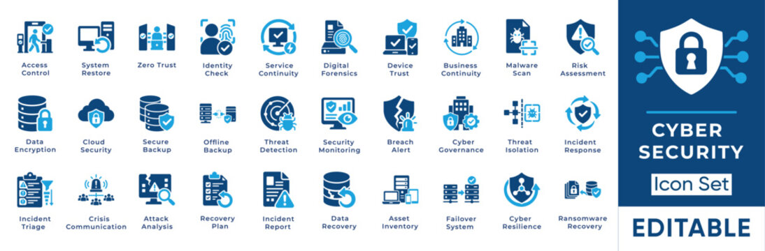 Cyber security and data protection solid icon set. Includes symbols for Zero Trust, Ransomware Recovery, Threat Detection, and Cloud Security. Editable vector icons for IT infrastructure.
