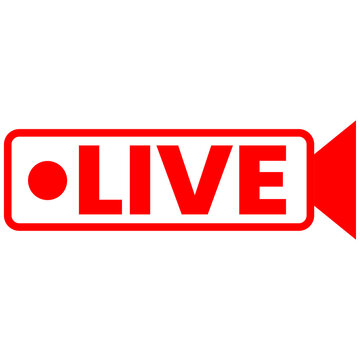 Red live stream camera icon with text and record dot, flat vector symbol for broadcasting, online video, and media broadcasting concept