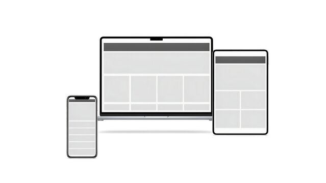 Minimalist responsive device mockups, laptop tablet and smartphone wireframe set, digital screen interface templates on white background