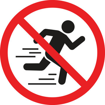 Prohibitory no running sign vector. Red circle with diagonal line over black running figure. Warning symbol for safety and caution. ,Clean grouped each Icon