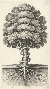 A vintage style botanical engraving of a large tree with detailed leaves and visible roots, with a ribbon wrapped around the trunk, monochrome