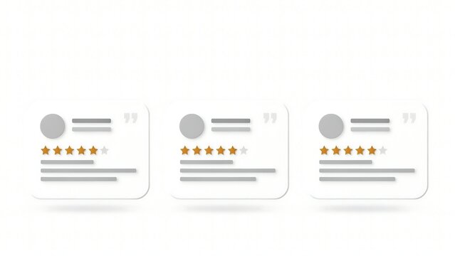 Minimalist customer review cards with gold stars, clean testimonial UI elements on white, feedback rating interface set