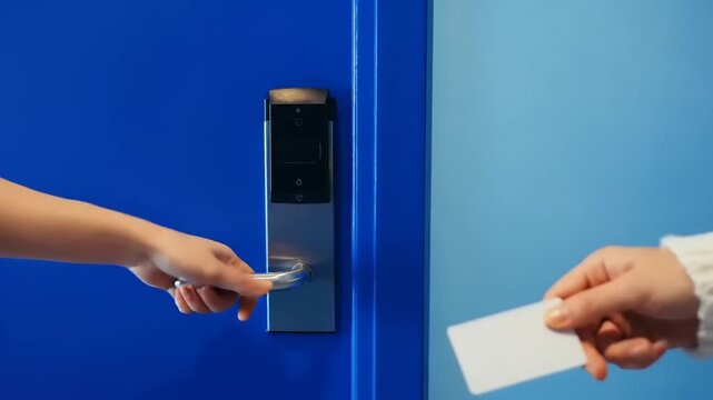 Person handing over envelope through blue door access panel.