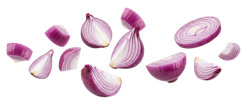 Falling red onion slices isolated on transparent background