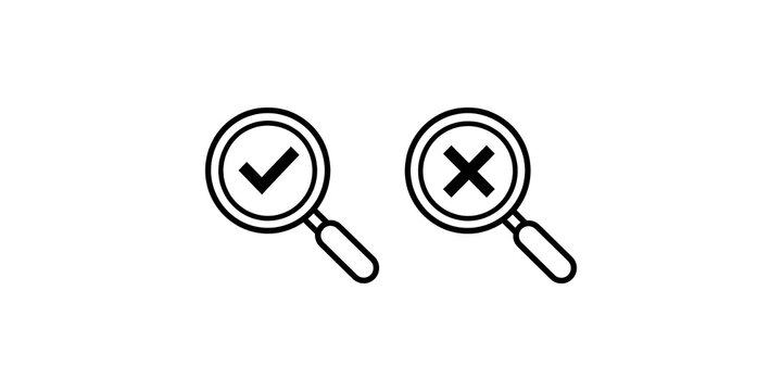 Magnifying glass icon set with check mark and cross symbols for search verification results.