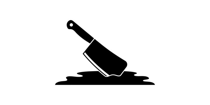 Meat cleaver knife icon stuck in blood puddle for horror thriller and criminal crime scene design.