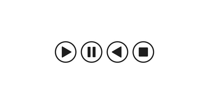 Black circle media player button set featuring play pause rewind and stop icons for digital interface design.