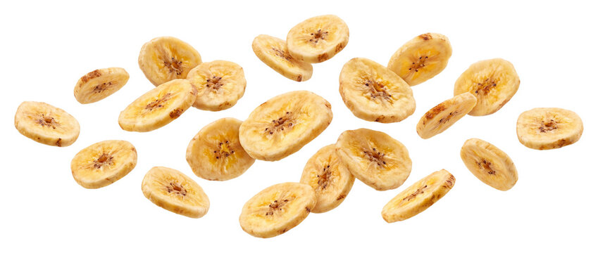 Falling banana chips isolated on transparent background