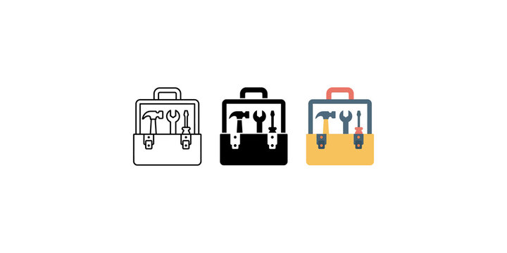 Set of tool box icons in outline black and colored flat design styles.