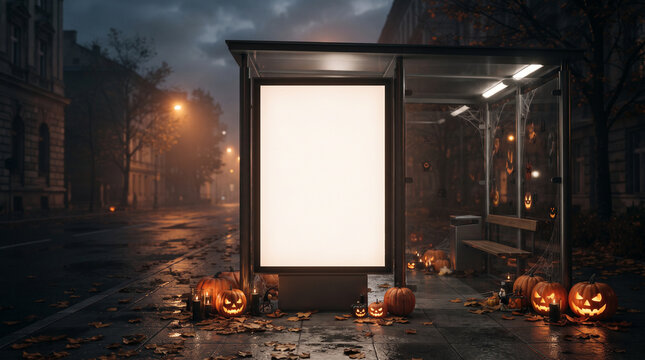 Illuminated empty bus stop poster display framed by glowing carved jack o lantern pumpkins sitting on a wet city sidewalk during a dark halloween night