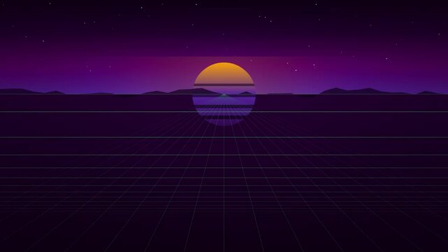 A neon grid landscape unfolds under a glowing yellow sun and purple starry sky.