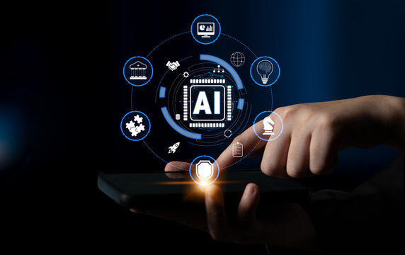 Hand Tapping on Smartphone Display with AI Icons and Digital Technology Symbols Representing Modern Innovations and Future Development Quark.