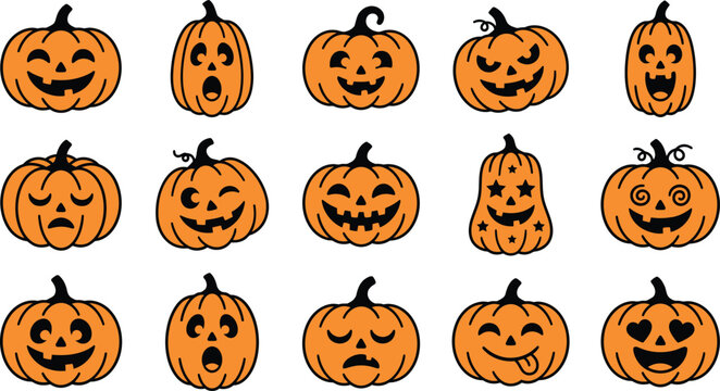 Group of fifteen expressive jack o lantern pumpkins for halloween design projects with jackolantern