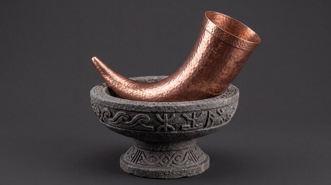 Copper ritual horn in carved stone bowl on dark background
