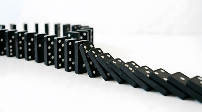 Black dominoes falling in a chain reaction sequence on a clean white background illustrating cause and effect strategy risk management concept with selective focus and copy space for business.