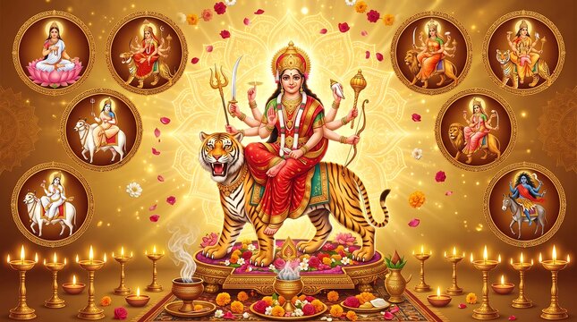 Nine Forms of Goddess Durga (Navadurga) Collage with Vahanas and Oil Lamps.