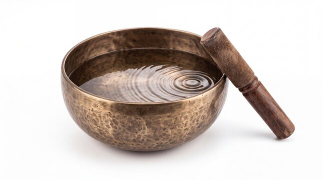 Tibetan singing bowl with water ripples and wooden mallet