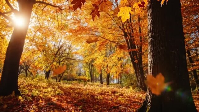 Autumn park path with golden trees and fallen leaves.