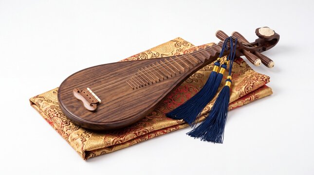 Traditional wooden pipa instrument resting on ornate silk fabric