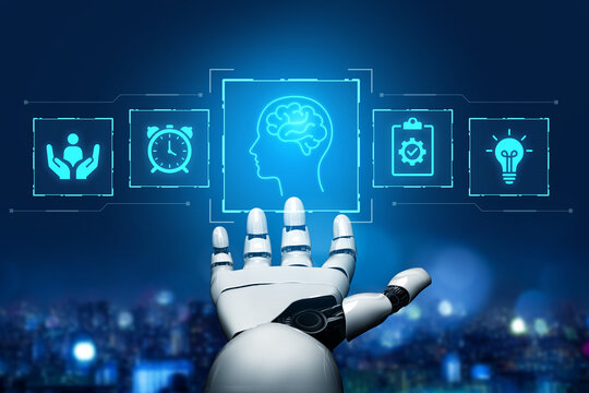 A futuristic robotic hand interacts with a set of digital icons, symbolizing brain function, time management, assistance, and creativity in a vibrant modern cityscape. Nascent