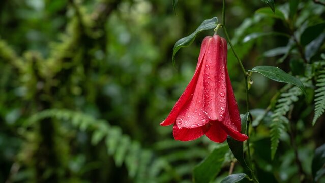 Dew Covered Vivid Red Copihue Bellflower Blooming in a Temperate Forest