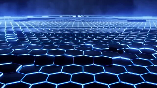 Abstract blue hexagonal grid with glowing lines and subtle smoke effects moving forward