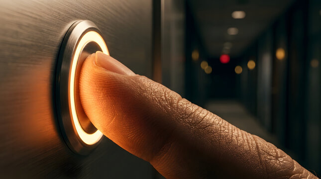 Finger activating biometric security scanner on modern metal door handle in dimly lit indoor setting