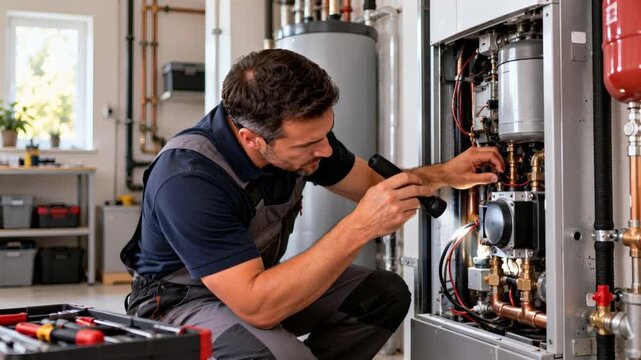 Technician inspecting a home heating unit with tools, performing equipment maintenance and repair to support reliable operation, energy efficiency and residential comfort.
