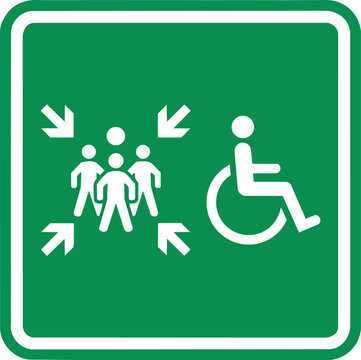 Emergency assembly point sign with wheelchair accessibility, green evacuation meeting spot icon, safety muster station vector ,Clean grouped each Icon