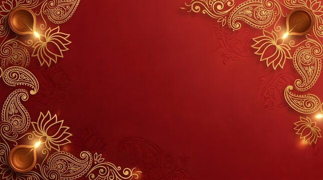 Diwali festival background with golden diya lamps and paisley patterns